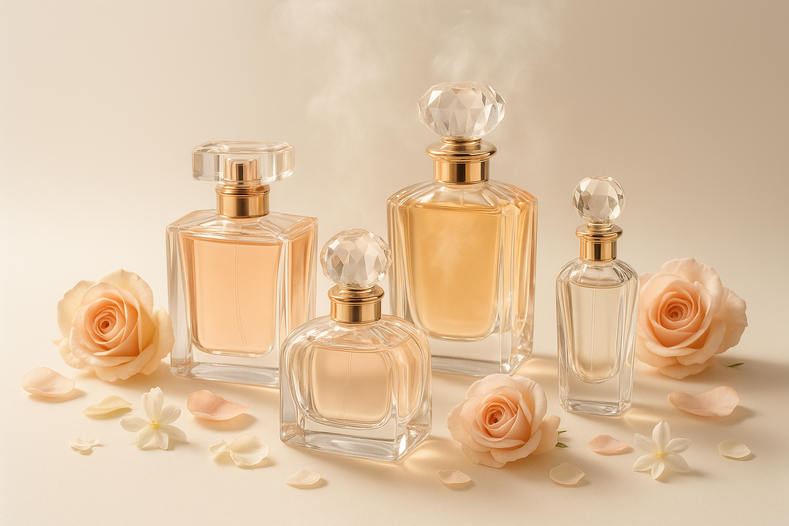 Alt-Text (Deutsch): Elegante Parfümflakons mit Rosen und Blüten auf hellem Hintergrund.
