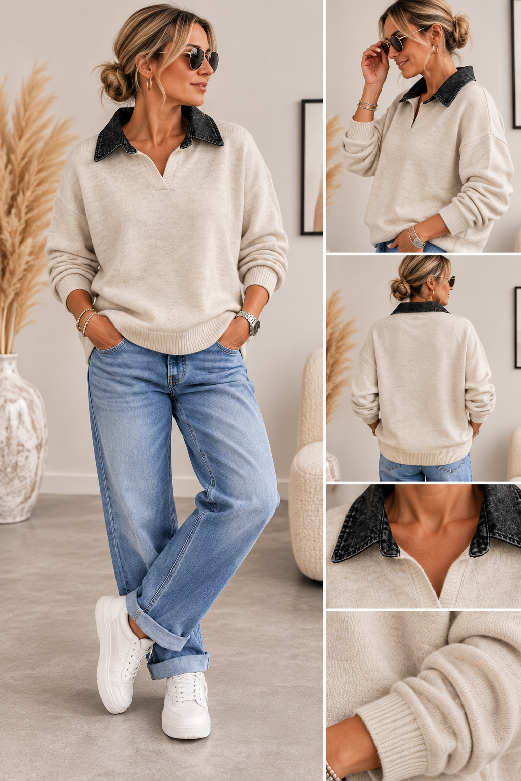 Damen Strickoberteil mit Jeans-Applikationen – Trendig, Modern & Einzigartig