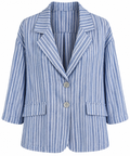 Blaue Streifen-Blusenjacke Damen – Leichte Sommerbluse mit Knopfleiste & Leinenlook