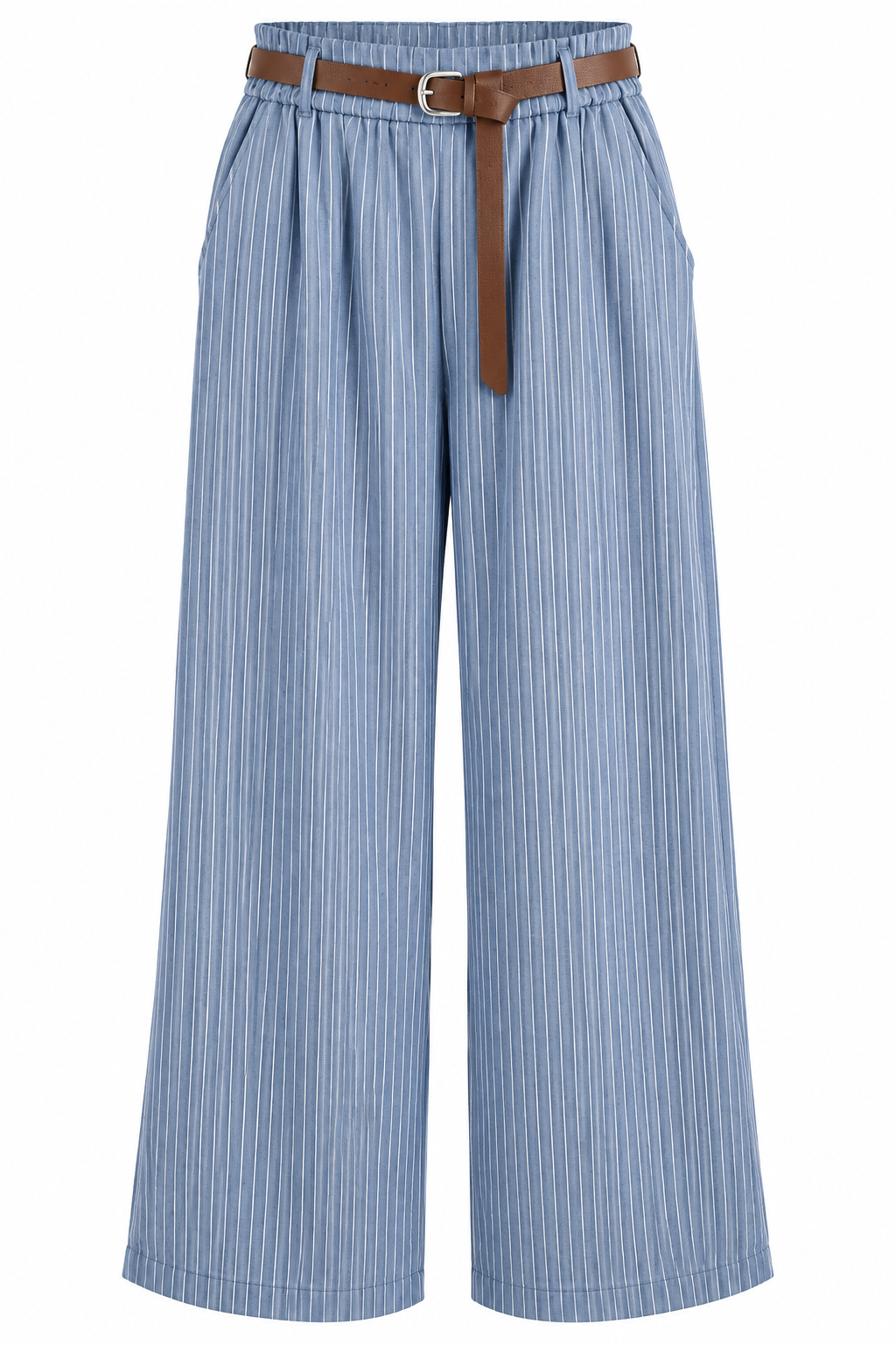 Leinenlook Palazzo-Hose Hellblau Weiß Gestreift mit Gürtel – Sommerhose Damen Wide Leg