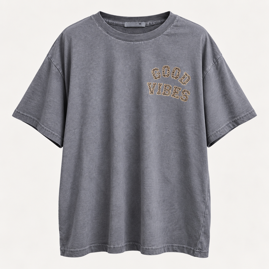 GOOD VIBES Oversize T-Shirt Grau mit Leo-Print – Trendshirt Damen