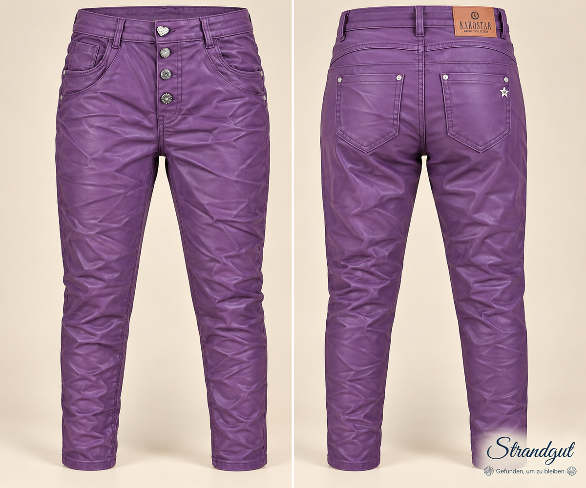 Karostar Lederimitat Hose Violett – Coated Look Damenhose mit Knopfleiste