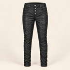 Karostar Lederimitat Hose Schwarz – Coated Look Damenhose mit Knopfleiste