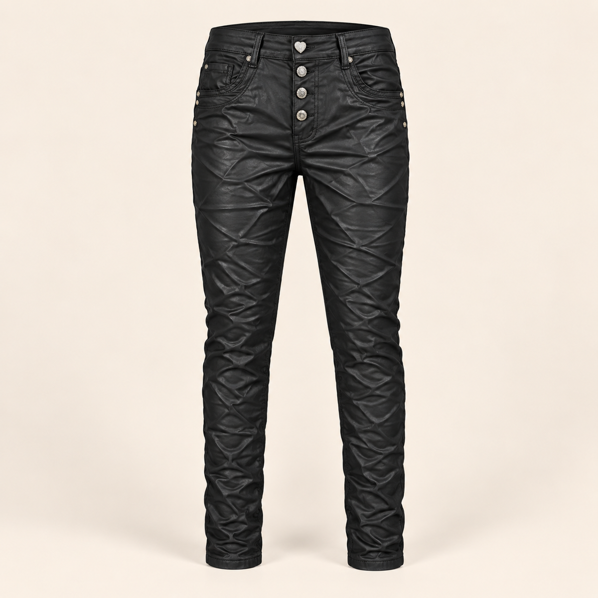 Karostar Lederimitat Hose Schwarz – Coated Look Damenhose mit Knopfleiste