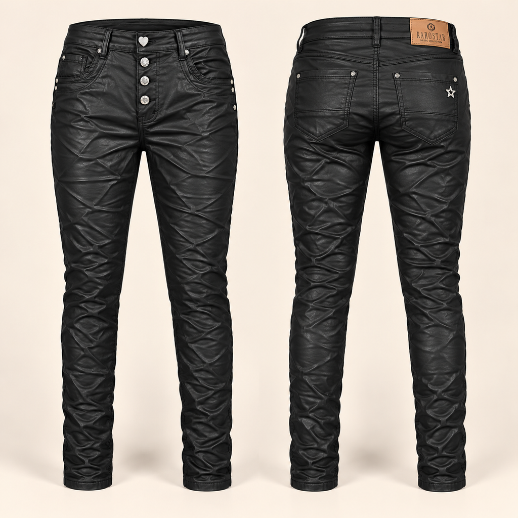 Karostar Lederimitat Hose Schwarz – Coated Look Damenhose mit Knopfleiste