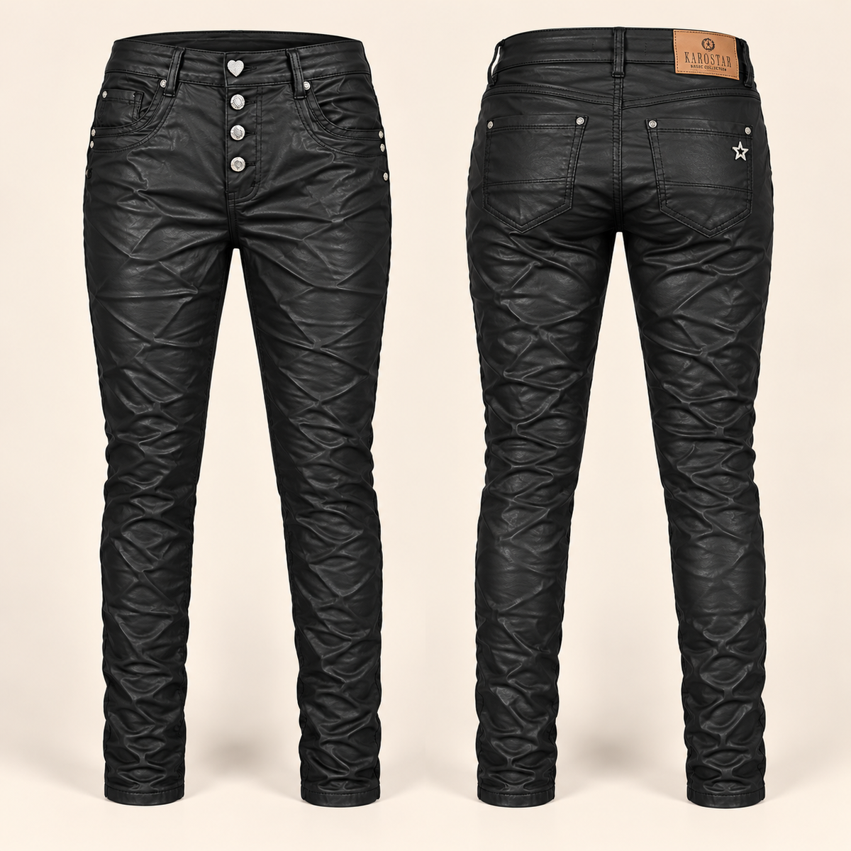 Karostar Lederimitat Hose Schwarz – Coated Look Damenhose mit Knopfleiste