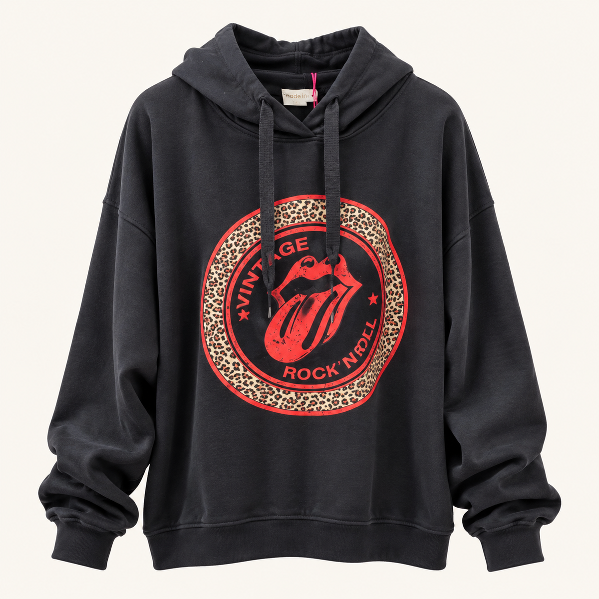 Damen Hoodie Vintage Rock – Rockiger Kapuzenpullover, Schwarz & Weiß