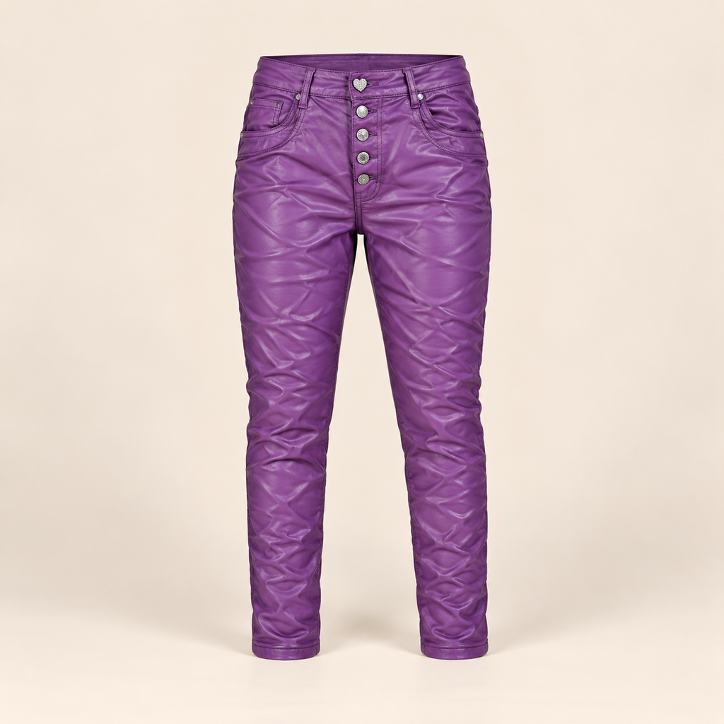 Karostar Lederimitat Hose Violett – Coated Look Damenhose mit Knopfleiste