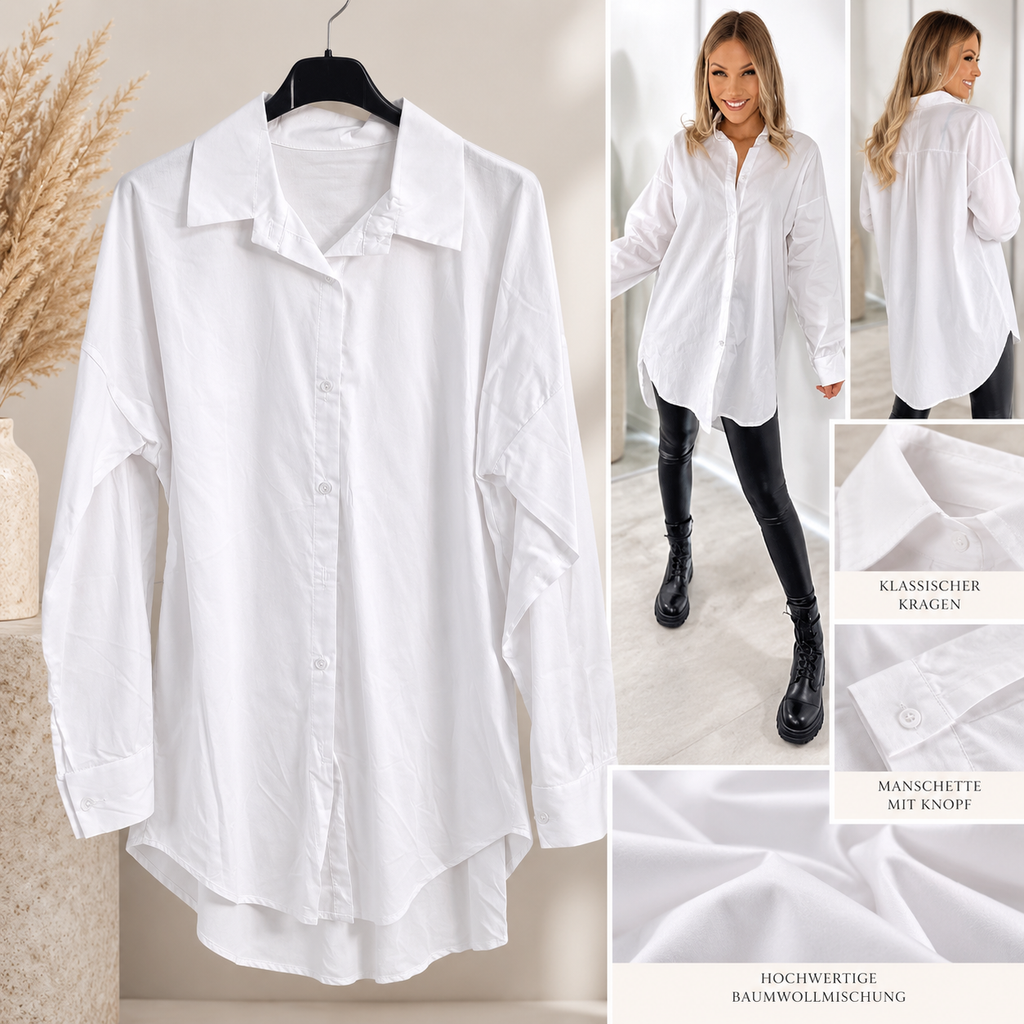 Oversize Longbluse Damen – Lockeres Hemd aus Baumwoll-Stretch | Weiß & Schwarz