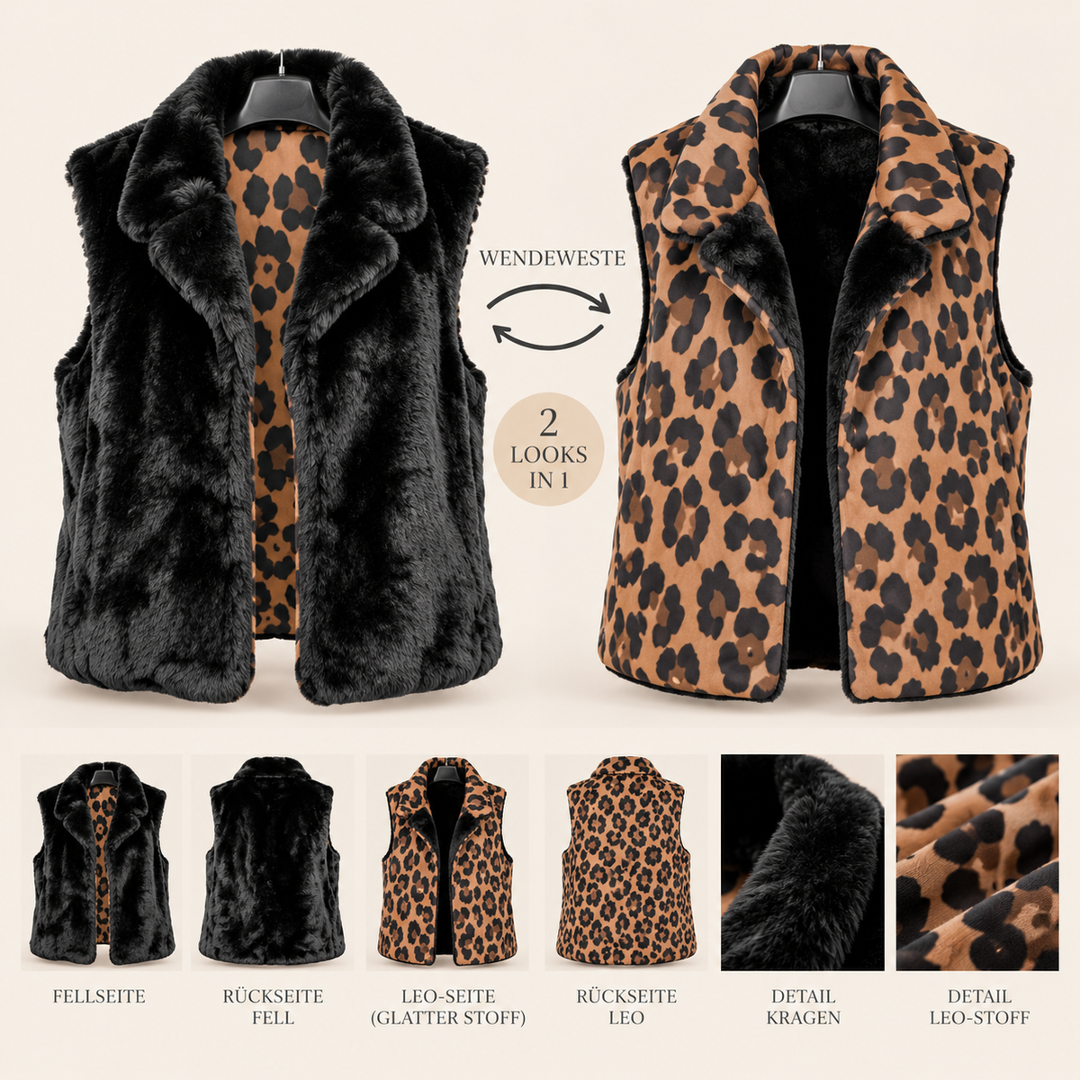 Damen Wendewesten – Schwarze Kunstfellwesten & Leo-Designs