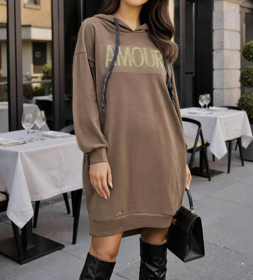 Damen Casual-Kleid mit Print & Kapuze – Bequemes lässiges auffälliges Kleid in 3 Farben