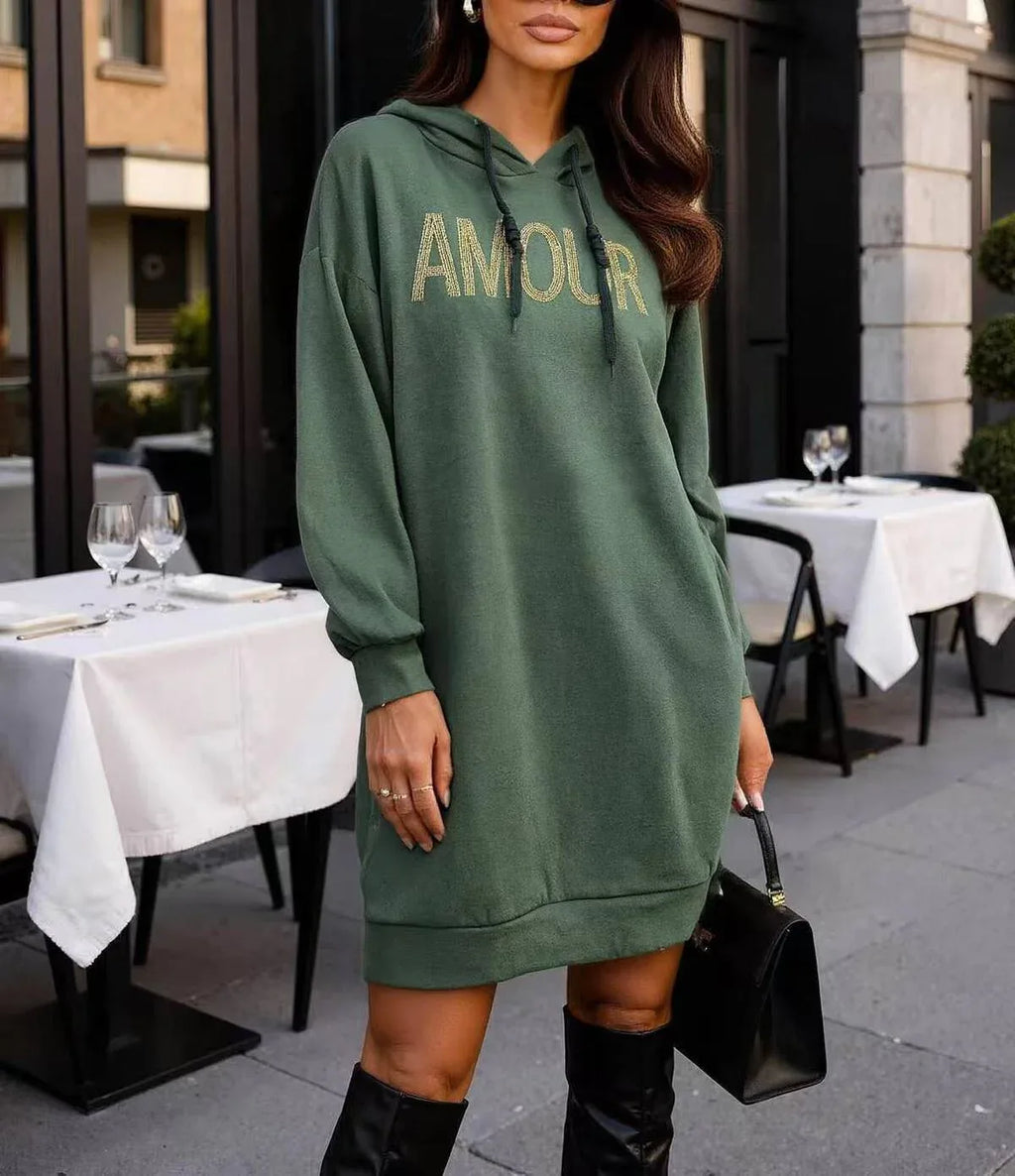 Damen Casual-Kleid mit Print & Kapuze – Bequemes lässiges auffälliges Kleid in 3 Farben